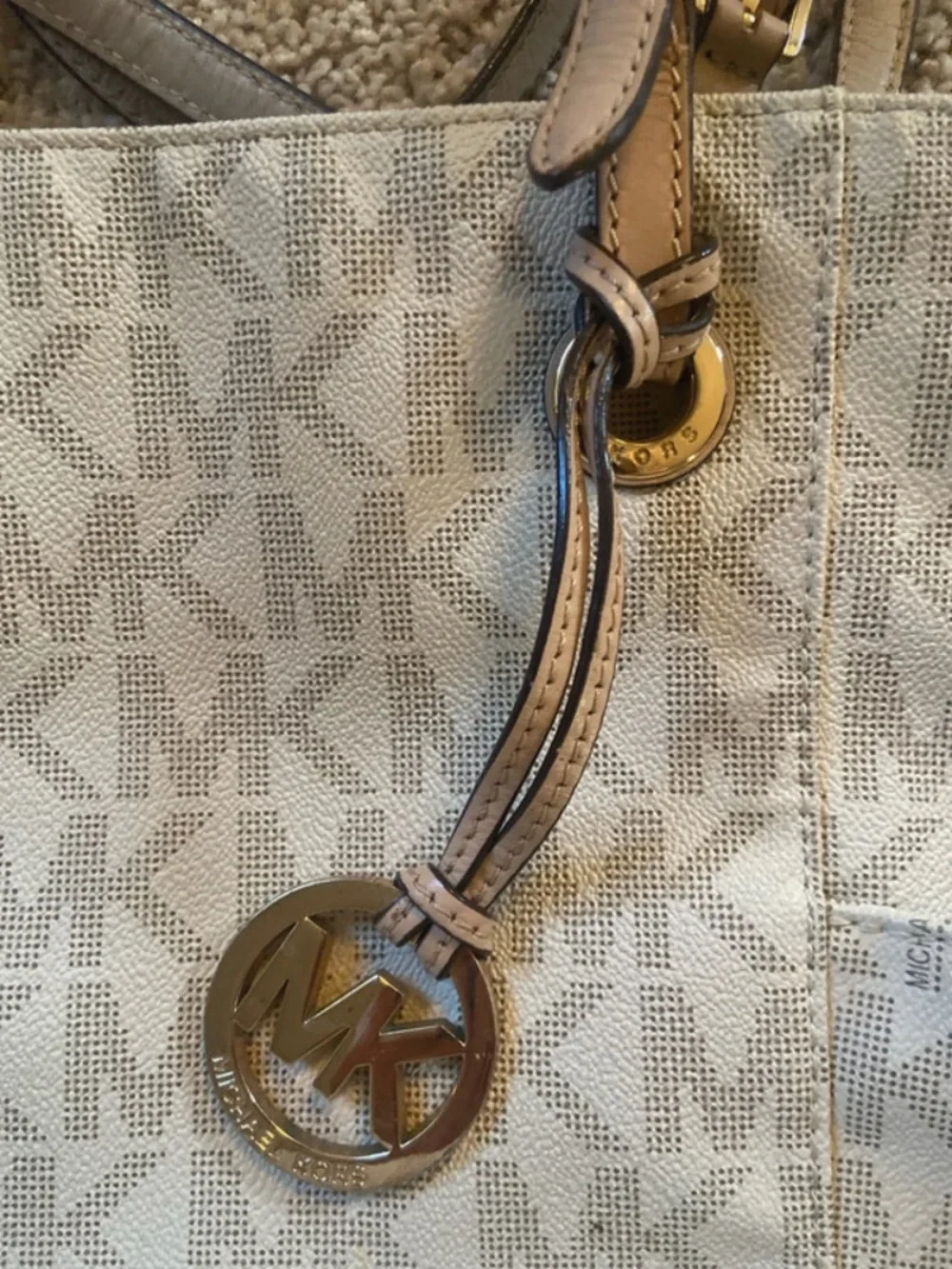 MICHAEL Michael Kors Cream MK Logo Tote with Tan Leather Straps